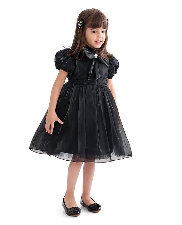Babyhug Half Sleeves Organza Party Frock with Bow Applique- Black