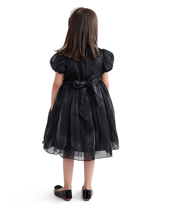 Babyhug Half Sleeves Organza Party Frock with Bow Applique- Black