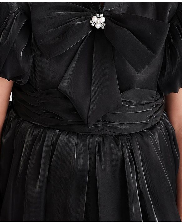 Babyhug Half Sleeves Organza Party Frock with Bow Applique- Black