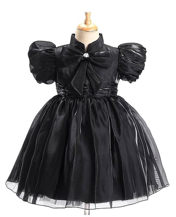Babyhug Half Sleeves Organza Party Frock with Bow Applique- Black