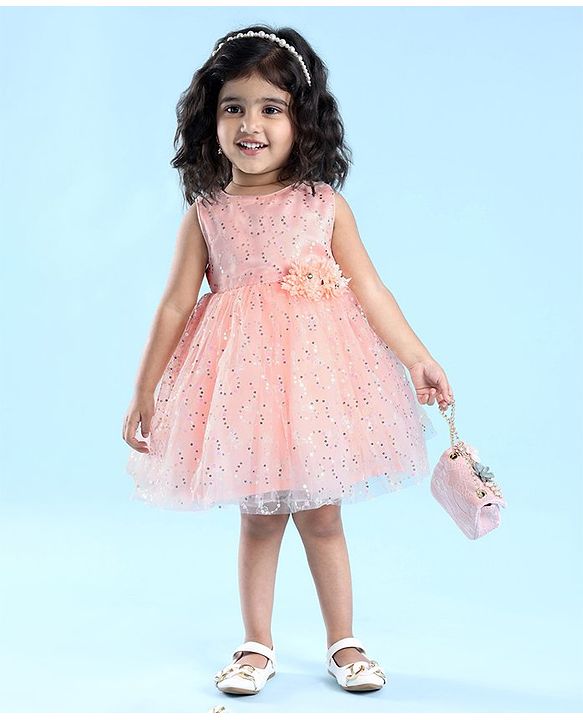 Babyhug Sleeveless Party Frock with Foil Print & Sequin Detailing with Floral Applique - Peach