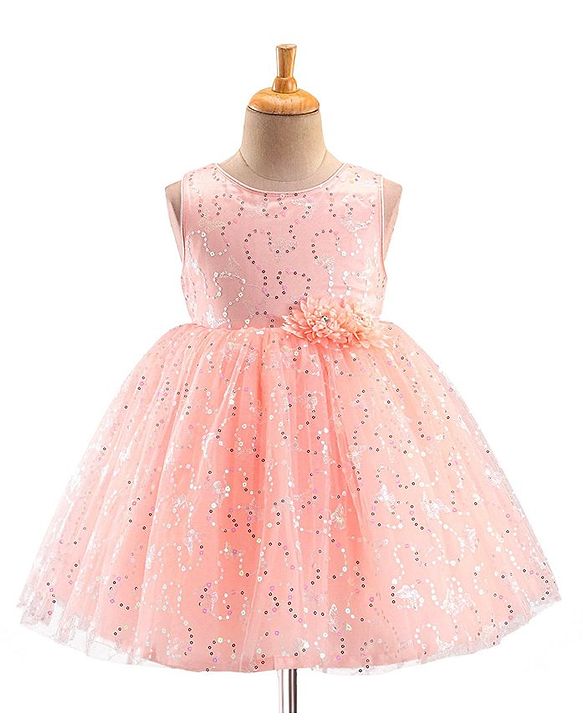 Babyhug Sleeveless Party Frock with Foil Print & Sequin Detailing with Floral Applique - Peach