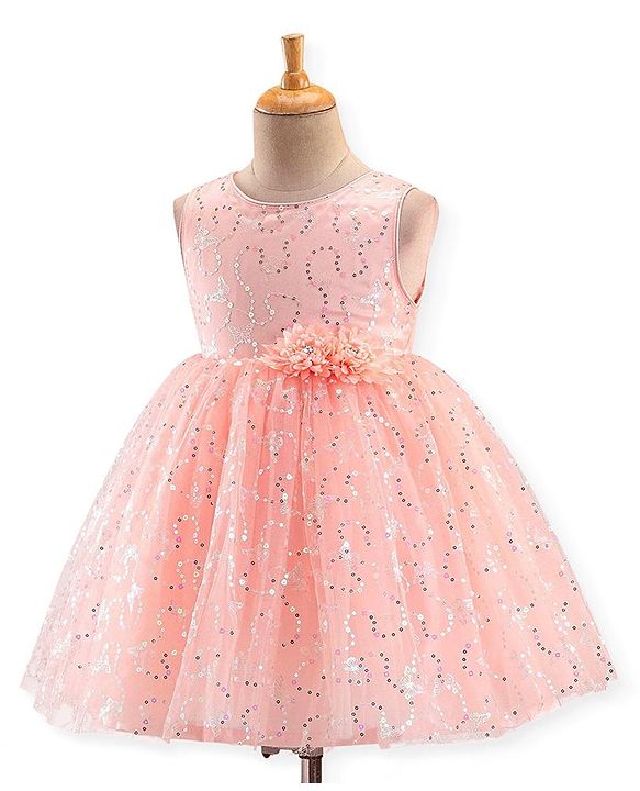 Babyhug Sleeveless Party Frock with Foil Print & Sequin Detailing with Floral Applique - Peach