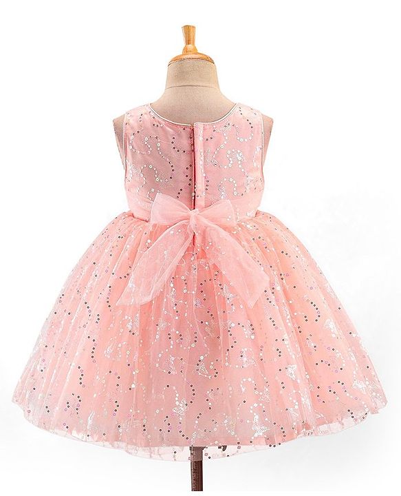 Babyhug Sleeveless Party Frock with Foil Print & Sequin Detailing with Floral Applique - Peach