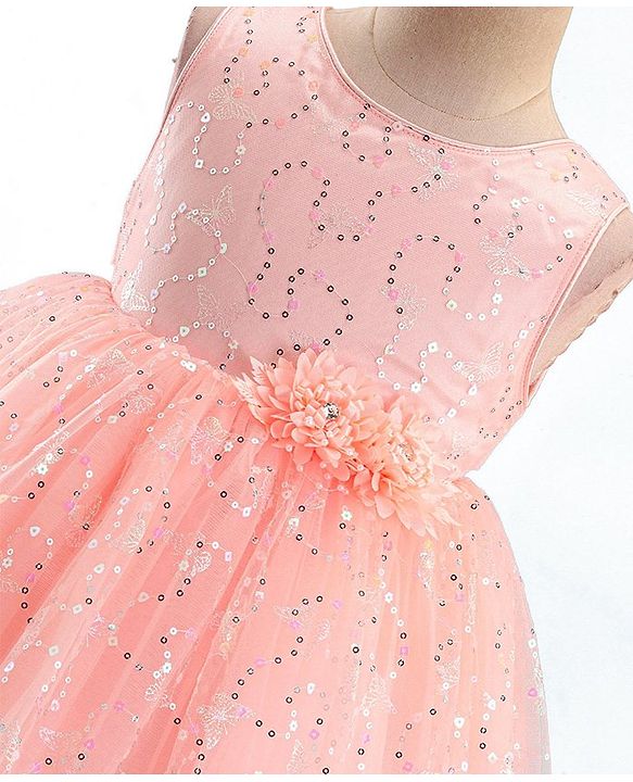 Babyhug Sleeveless Party Frock with Foil Print & Sequin Detailing with Floral Applique - Peach