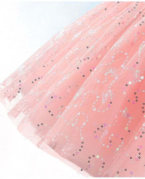 Babyhug Sleeveless Party Frock with Foil Print & Sequin Detailing with Floral Applique - Peach