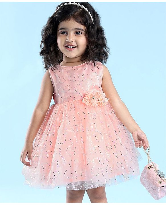 Babyhug Sleeveless Party Frock with Foil Print & Sequin Detailing with Floral Applique - Peach