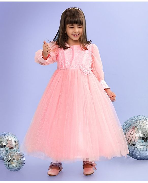 Babyhug Full Sleeves  Sequinned Party Frock with Floral Corsage - Peach