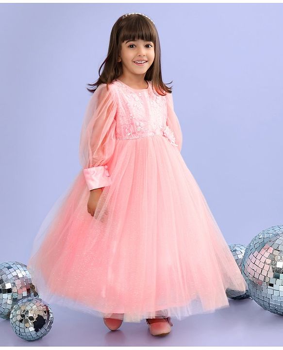 Babyhug Full Sleeves  Sequinned Party Frock with Floral Corsage - Peach