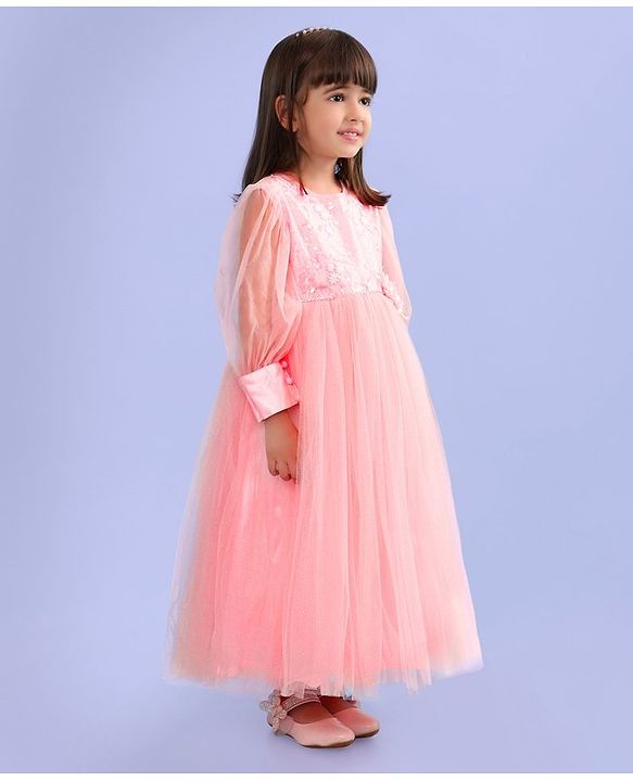 Babyhug Full Sleeves  Sequinned Party Frock with Floral Corsage - Peach