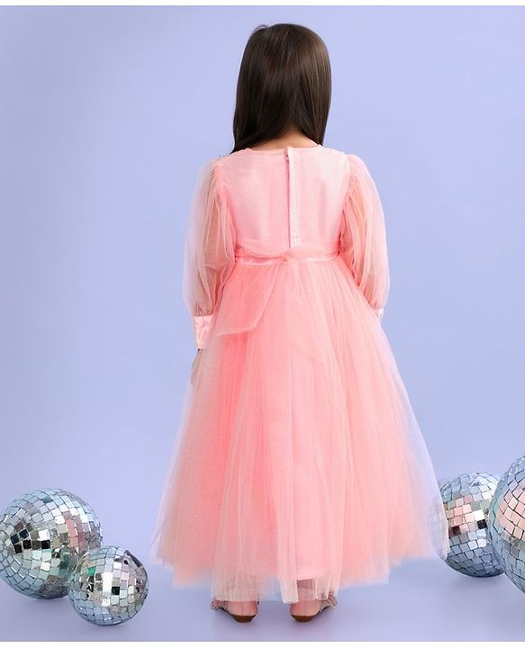 Babyhug Full Sleeves  Sequinned Party Frock with Floral Corsage - Peach