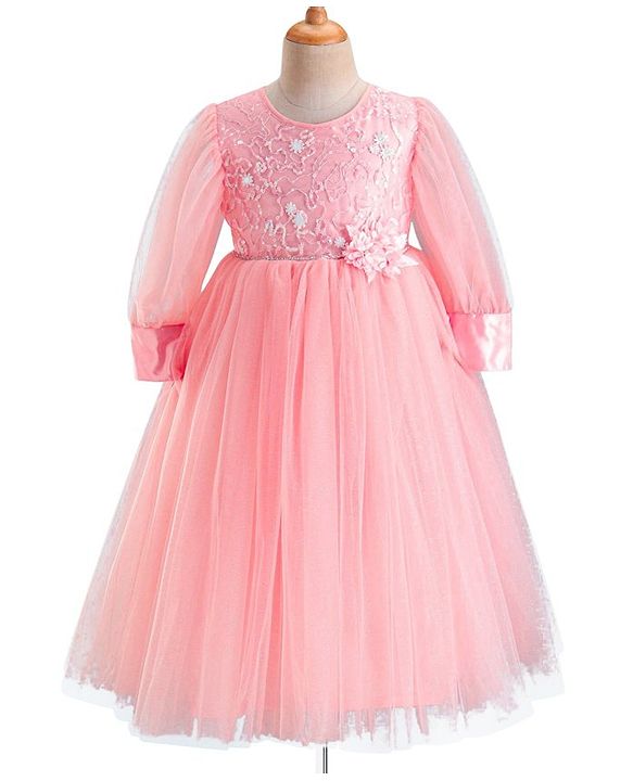 Babyhug Full Sleeves  Sequinned Party Frock with Floral Corsage - Peach