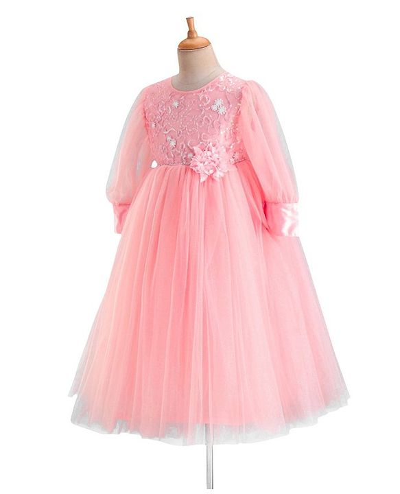 Babyhug Full Sleeves  Sequinned Party Frock with Floral Corsage - Peach