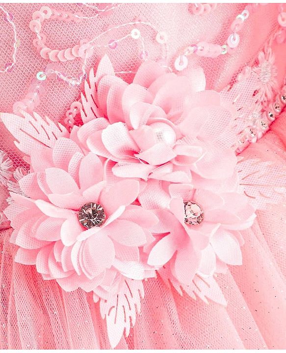 Babyhug Full Sleeves  Sequinned Party Frock with Floral Corsage - Peach