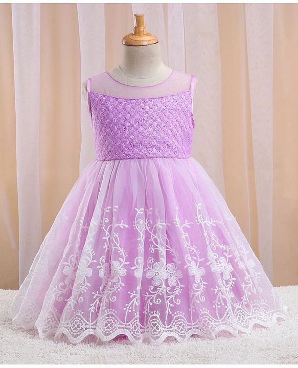 Babyhug Sleeveless Textured & Floral Embroidered Party Frock - Lavender
