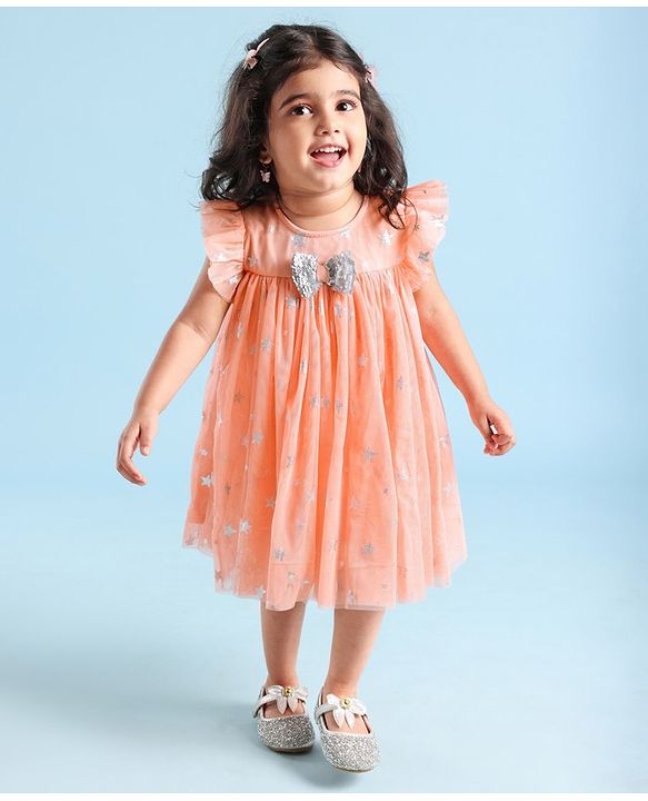 Babyhug Sleeveless Party Frock Foil Star Print & Sequine Detailing - Coral