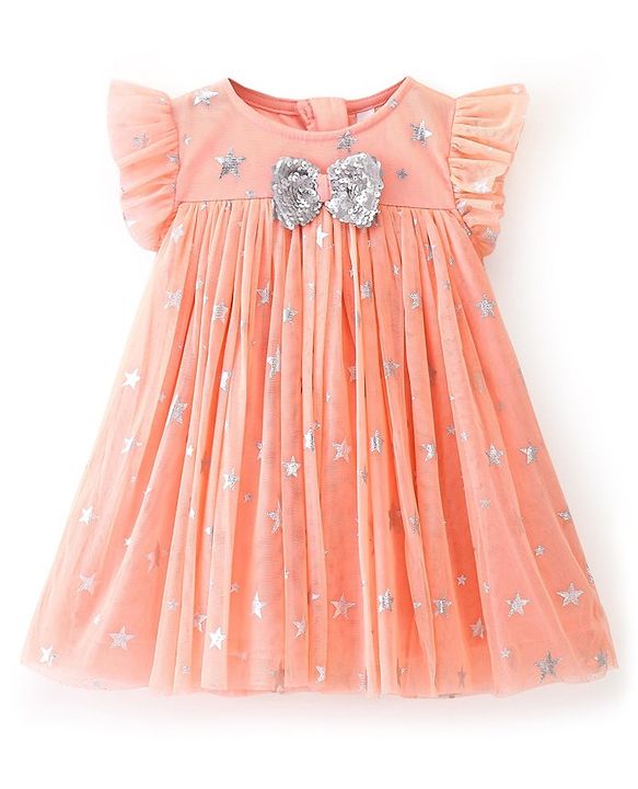 Babyhug Sleeveless Party Frock Foil Star Print & Sequine Detailing - Coral
