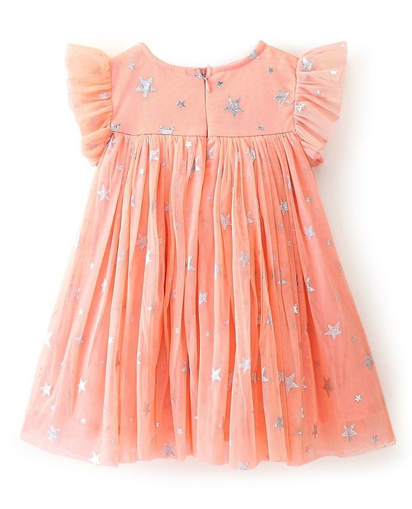 Babyhug Sleeveless Party Frock Foil Star Print & Sequine Detailing - Coral