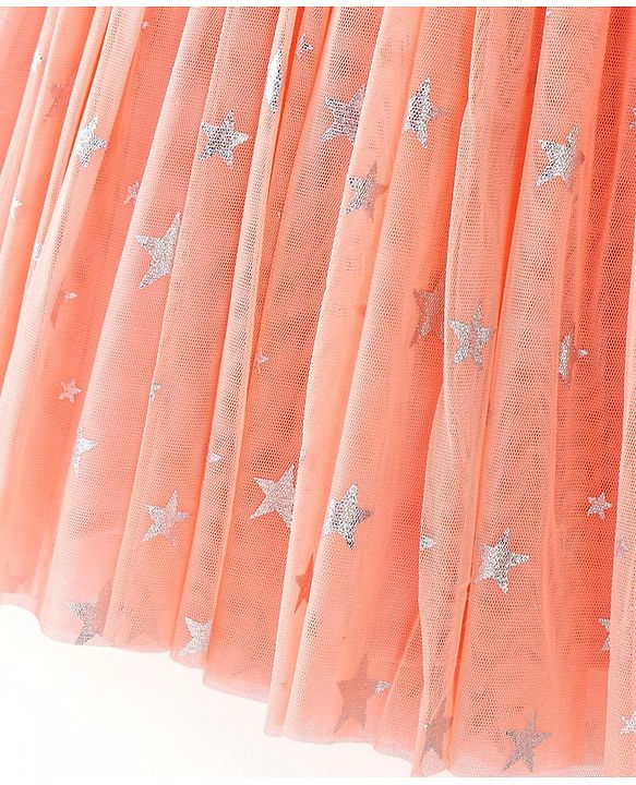 Babyhug Sleeveless Party Frock Foil Star Print & Sequine Detailing - Coral