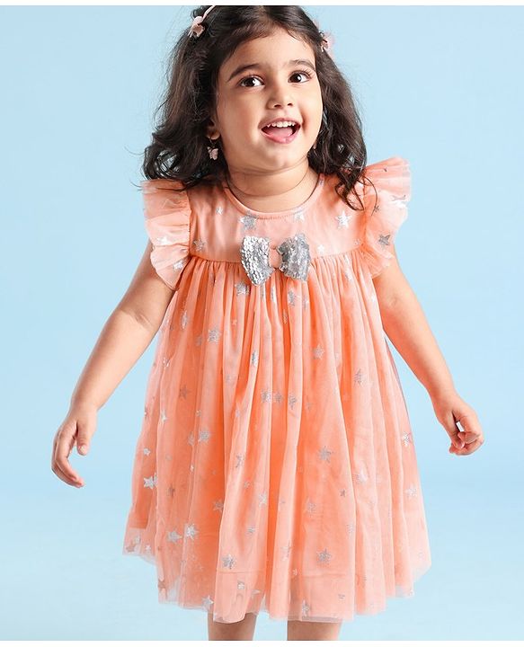 Babyhug Sleeveless Party Frock Foil Star Print & Sequine Detailing - Coral