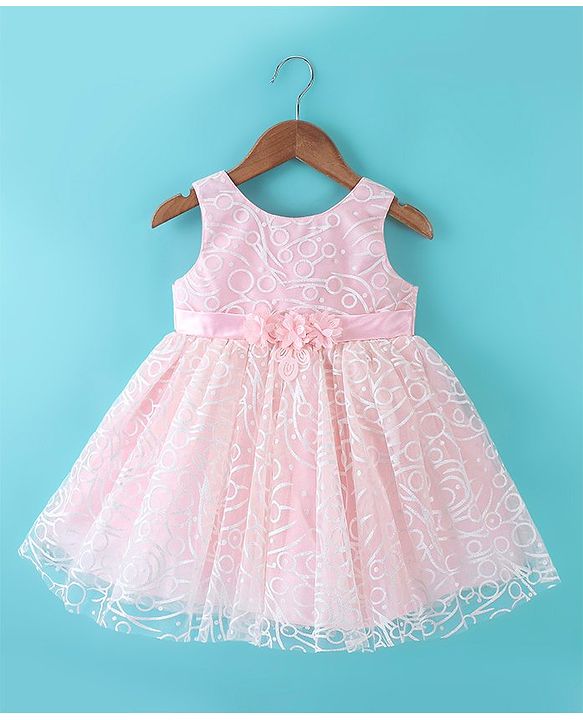 Babyhug Sleeveless Corsage Detailing Glittery Party Frock - Peach