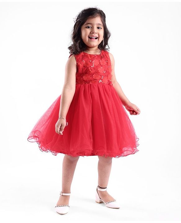 Babyhug Sleeveless Mesh Frock with Sequin Detailing - Red