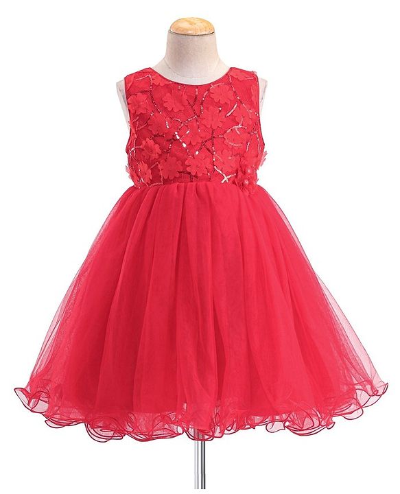 Babyhug Sleeveless Mesh Frock with Sequin Detailing - Red