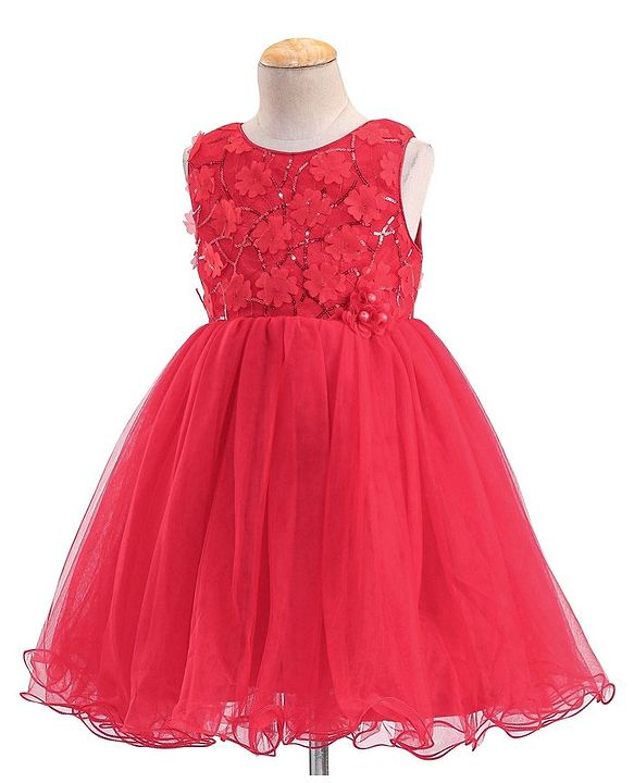 Babyhug Sleeveless Mesh Frock with Sequin Detailing - Red