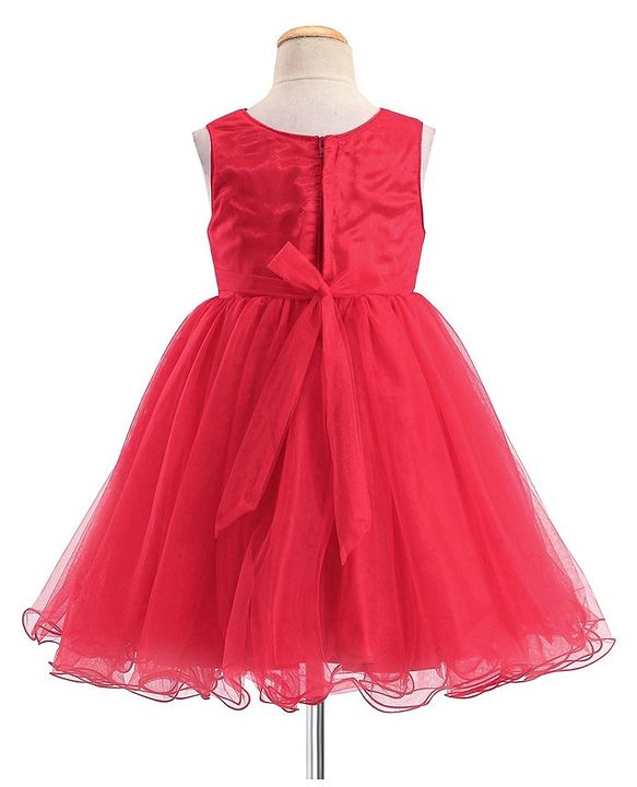 Babyhug Sleeveless Mesh Frock with Sequin Detailing - Red