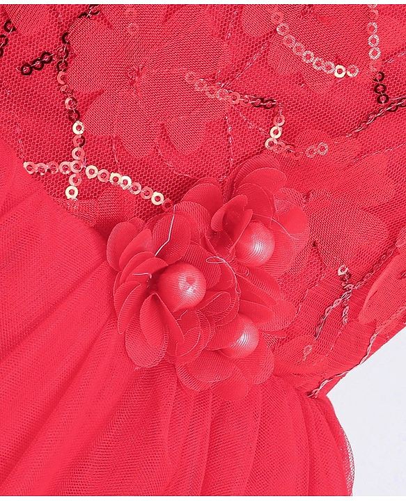 Babyhug Sleeveless Mesh Frock with Sequin Detailing - Red