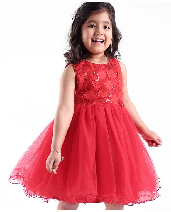 Babyhug Sleeveless Mesh Frock with Sequin Detailing - Red