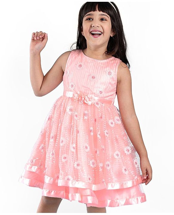 Babyhug Sleeveless Sequinned Party Frock with Floral Corsage - Peach
