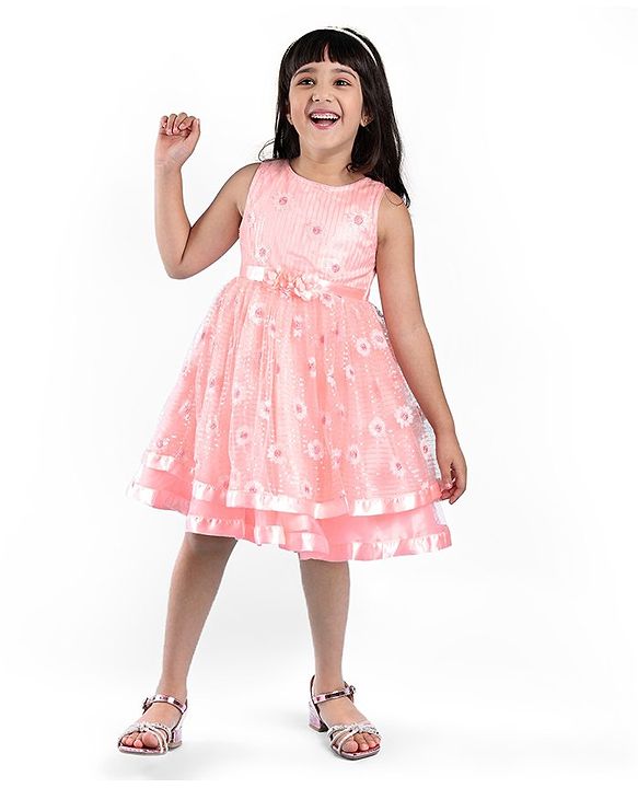 Babyhug Sleeveless Sequinned Party Frock with Floral Corsage - Peach