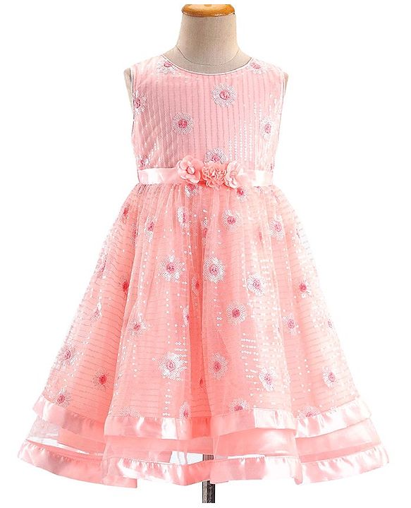 Babyhug Sleeveless Sequinned Party Frock with Floral Corsage - Peach