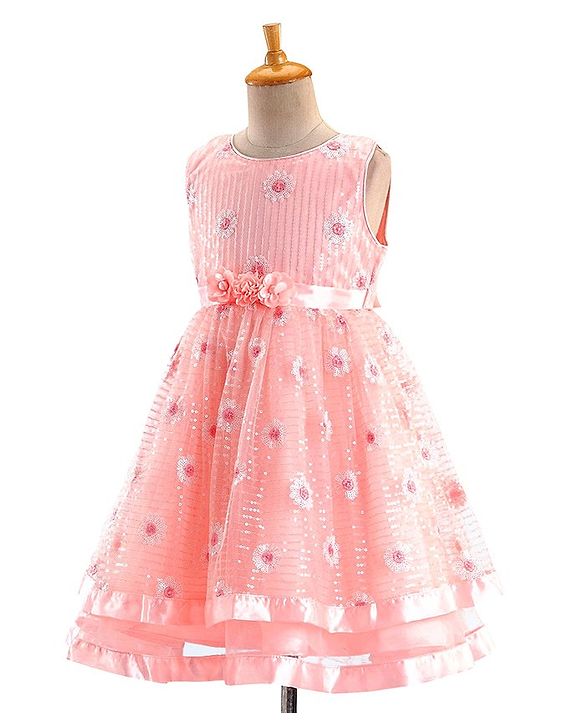 Babyhug Sleeveless Sequinned Party Frock with Floral Corsage - Peach
