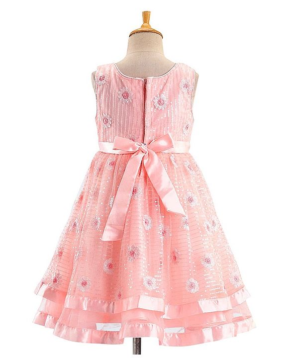 Babyhug Sleeveless Sequinned Party Frock with Floral Corsage - Peach