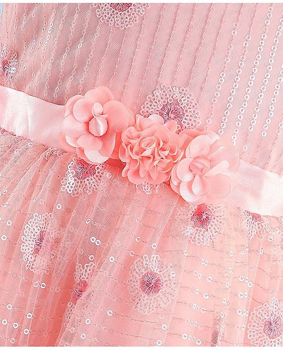 Babyhug Sleeveless Sequinned Party Frock with Floral Corsage - Peach