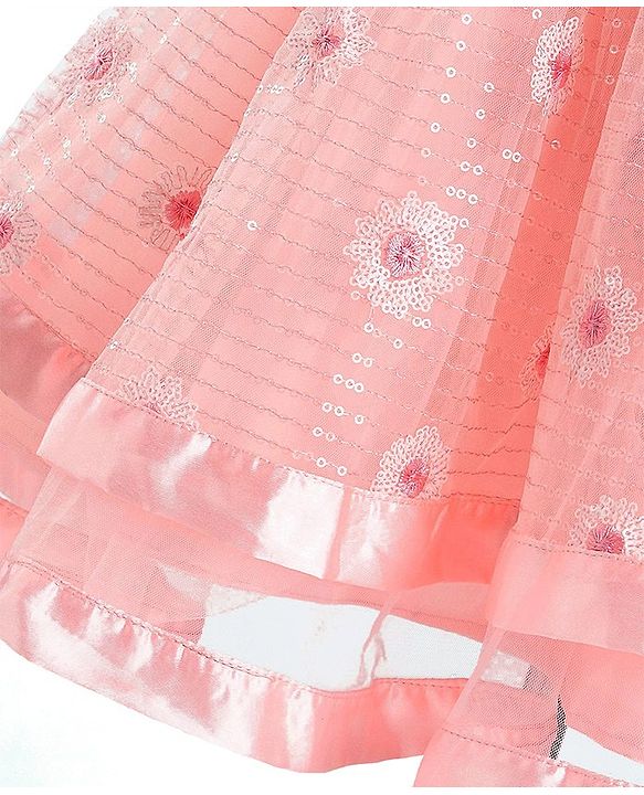 Babyhug Sleeveless Sequinned Party Frock with Floral Corsage - Peach