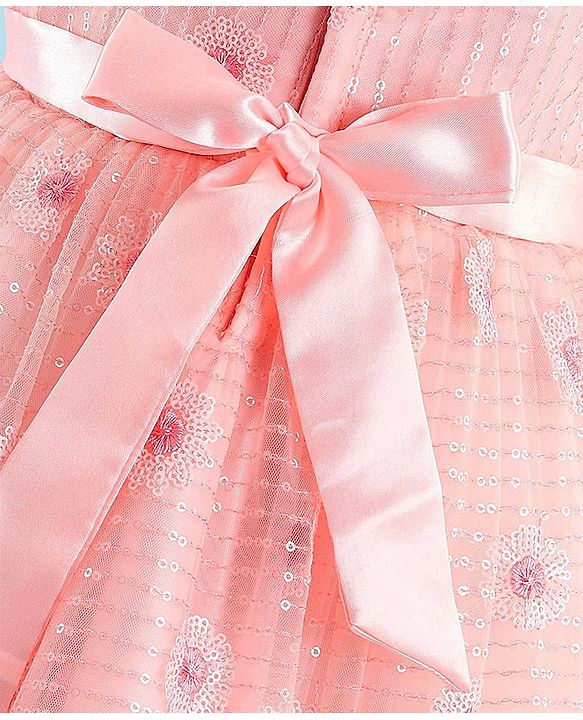 Babyhug Sleeveless Sequinned Party Frock with Floral Corsage - Peach