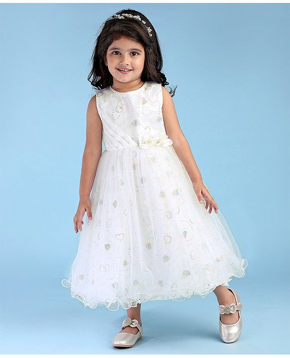 Babyhug Woven Sleeveless Party Frock Sequinned With Floral Applique - White