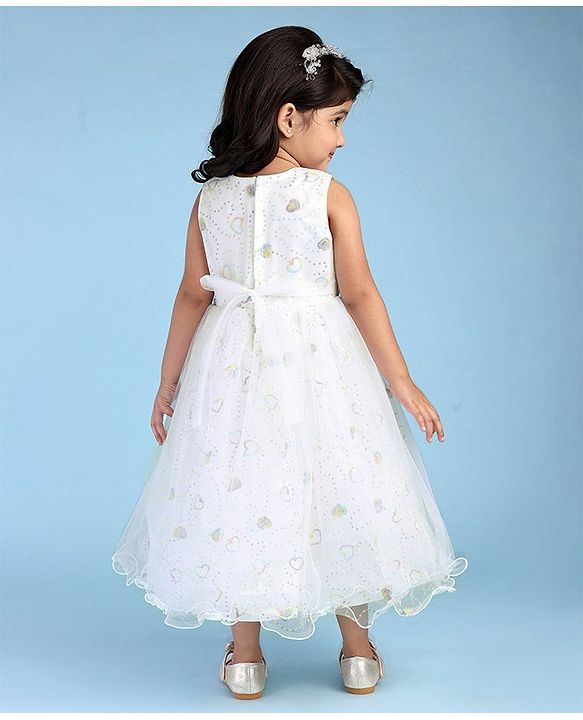 Babyhug Woven Sleeveless Party Frock Sequinned With Floral Applique - White