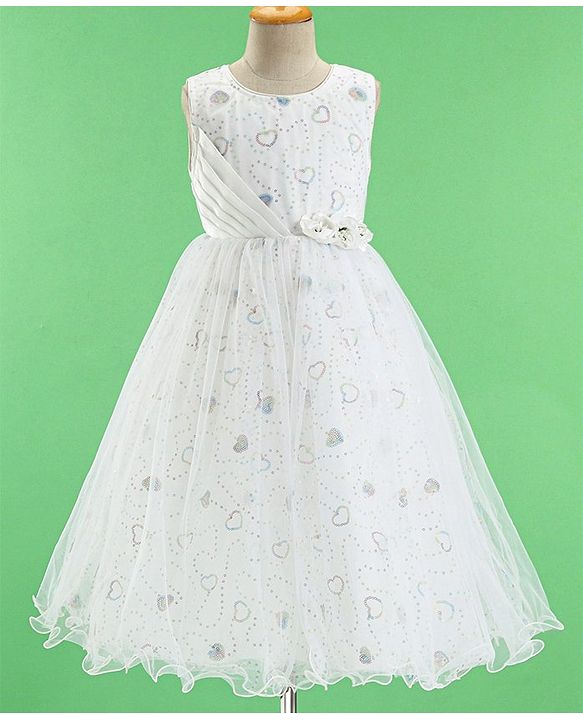 Babyhug Woven Sleeveless Party Frock Sequinned With Floral Applique - White