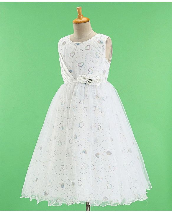Babyhug Woven Sleeveless Party Frock Sequinned With Floral Applique - White
