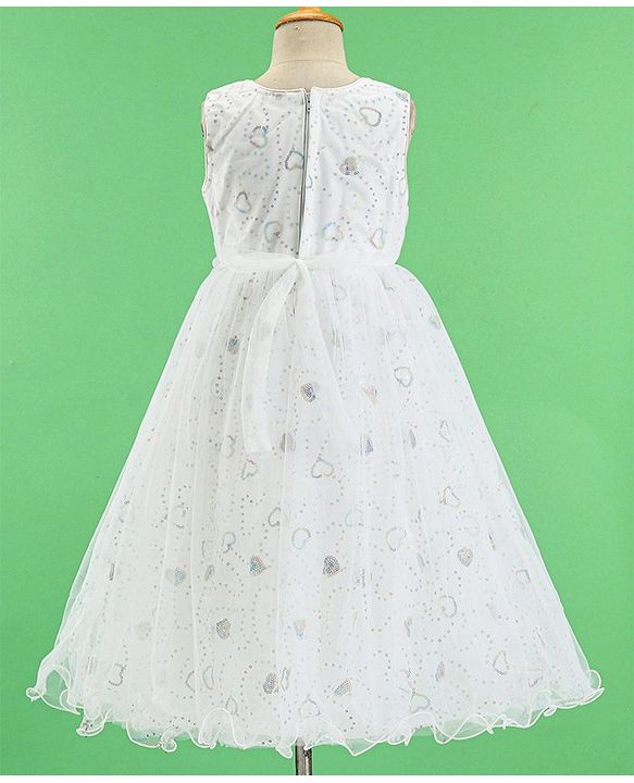 Babyhug Woven Sleeveless Party Frock Sequinned With Floral Applique - White