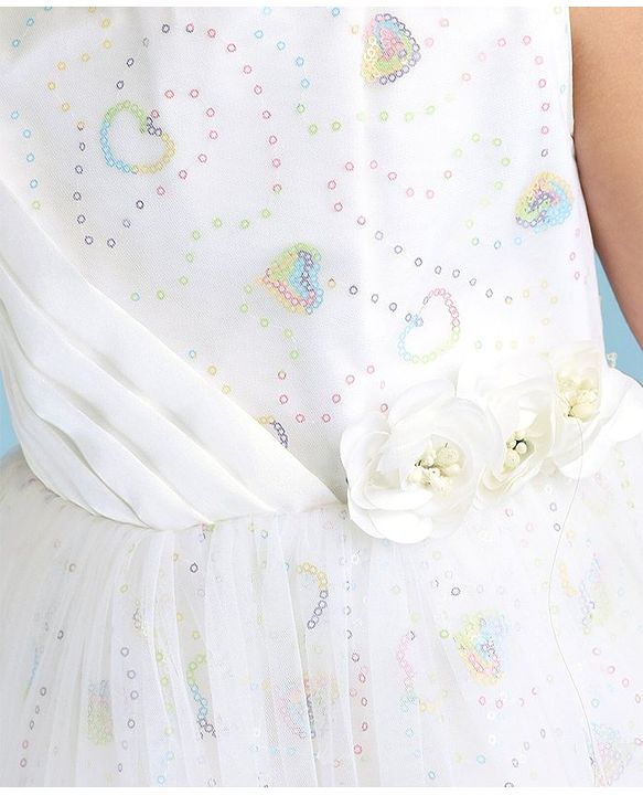 Babyhug Woven Sleeveless Party Frock Sequinned With Floral Applique - White