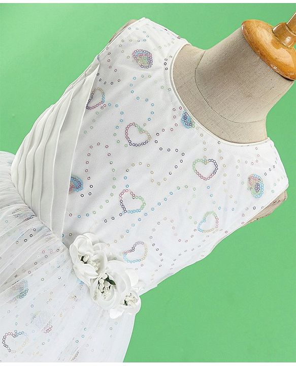 Babyhug Woven Sleeveless Party Frock Sequinned With Floral Applique - White
