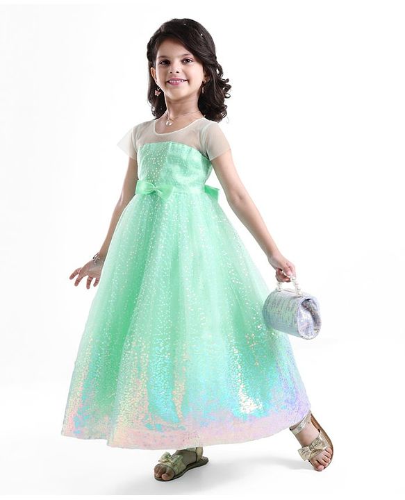 Babyhug Half Sleeves Gown with Sequin Detailing - Mint