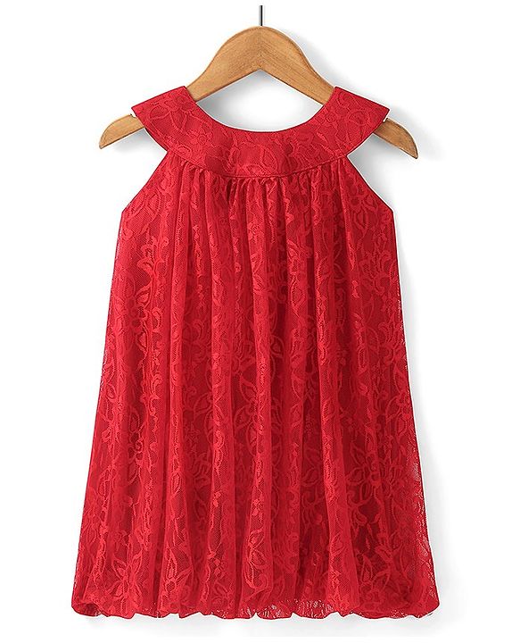 Babyhug Woven Sleeveless Party Frock with Lace Detailing - Red