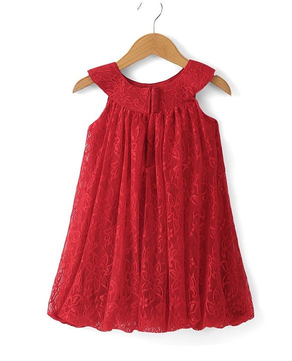 Babyhug Woven Sleeveless Party Frock with Lace Detailing - Red