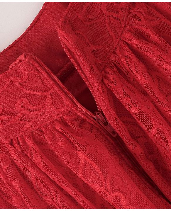 Babyhug Woven Sleeveless Party Frock with Lace Detailing - Red